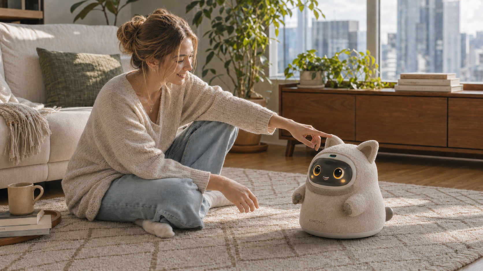 A person at home sharing a warm moment with Kimomo
