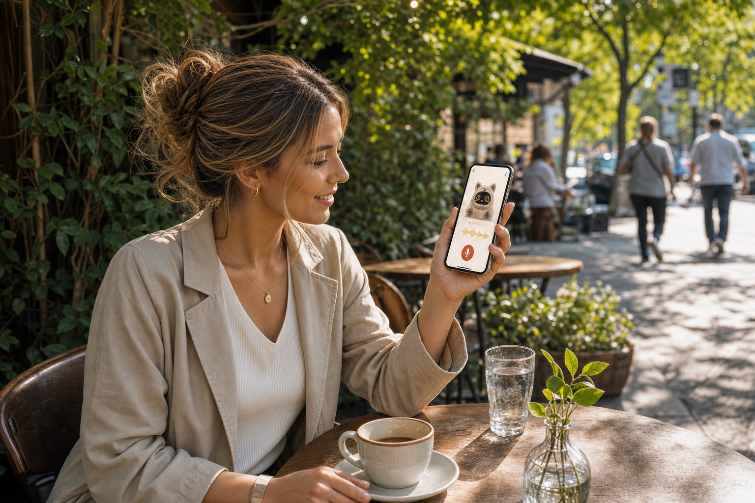 A person using the Kimomo app at an outdoor café
